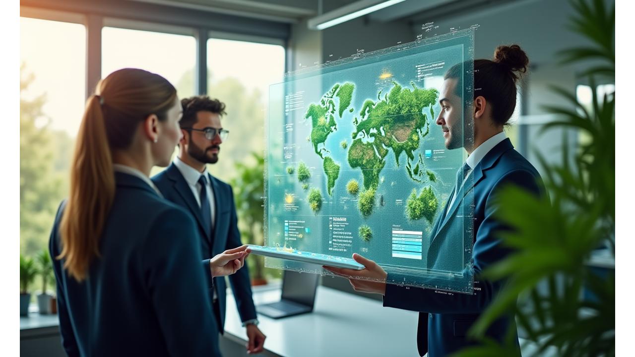 Une équipe d'experts regardant un graphique de durabilité avec une plante verte au premier plan, symbolisant la croissance écologique et l'innovation.