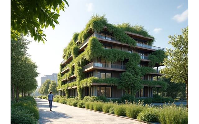 Toits végétalisés et façades innovantes d'un bâtiment moderne à Paris, avec des dispositifs de récupération d'eau de pluie et des capteurs de température, illustrant des solutions architecturales pour l'adaptation aux canicules urbaines.