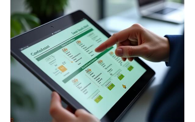 Main d'un employé consultant d'Callhopp pointant des données sur un écran d'ordinateur ou une tablette avec un schéma de chaîne d'approvisionnement et des icônes d'alerte. Le bureau est moderne et propre, accentuant la planification et la continuité des affaires.