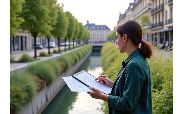 Ingénieur consultant d'Callhopp examinant un plan de système de drainage résilient dans une zone urbaine à Paris près de la Seine, avec des infrastructures vertes de gestion des eaux pluviales en arrière-plan. Focus sur l'ingénierie et la prévention des inondations.