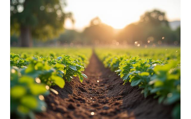Systèmes d'irrigation goutte-à-goutte dans une exploitation agricole ou un jardin urbain en période de sécheresse, illustrant des techniques de gestion économe de l'eau. Des capteurss de sol et instrumentation moderne sont visibles.