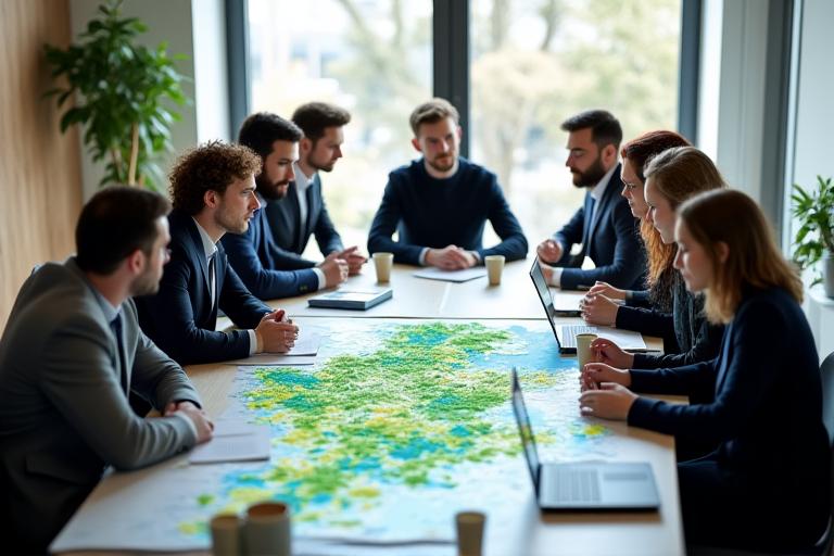 Une équipe de consultants d'Callhopp en réunion avec des élus locaux ou des urbanistes dans une salle de réunion lumineuse, devant une grande carte de la région Île-de-France affichant des données de planification urbaine et climatique. L'ambiance est collaborative et professionnelle.