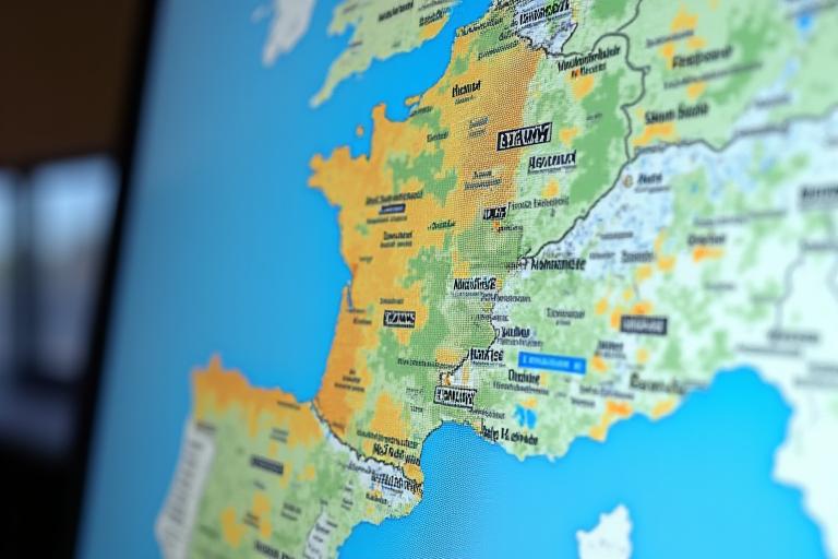 Interface SIG affichant une carte des risques climatiques d'inondation en Île-de-France, avec des couches superposées de données géographiques et climatiques, des zones colorées indiquant des niveaux de vulnérabilité et des points d'intérêt pour l'adaptation. Représentation scientifique et technique.