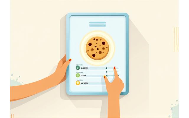 Illustration d'une main tenant un cookie virtuel avec des icônes de paramètres et de confidentialité, symbolisant la gestion des cookies