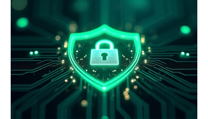 Illustration d'un bouclier numérique avec un cadenas, symbolisant la cybersécurité et la protection des informations