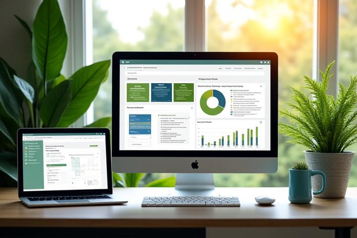 Divers rapports ESG visuellement attrayants affichés sur des tablettes et des écrans d'ordinateur, illustrant la stratégie de publication et de communication.