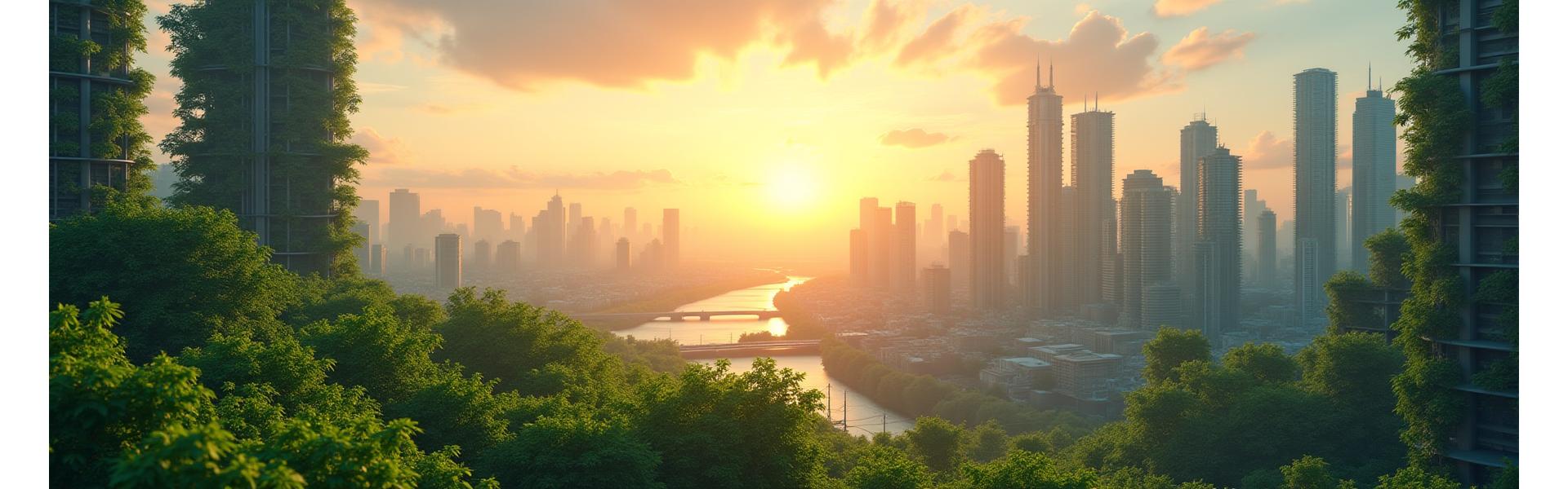 Vue aérienne d'une ville moderne intégrant des espaces verts luxuriants et des infrastructures durables, symbolisant la transition écologique et l'innovation.