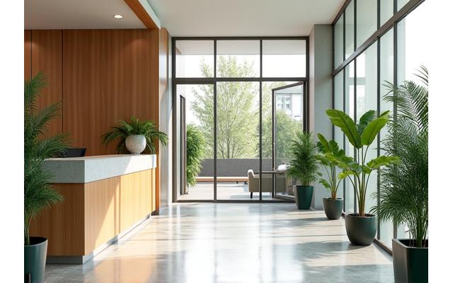 Photo de l'entrée moderne et lumineuse des bureaux d'Callhopp à Paris, avec un espace d'accueil verdoyant.