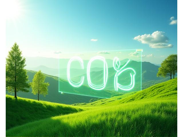 Compteur de CO2 numérique affichant des chiffres de réduction avec un arrière-plan terre verdoyant et des flèches descendantes