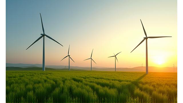 Éoliennes modernes au coucher du soleil dans un paysage rural.