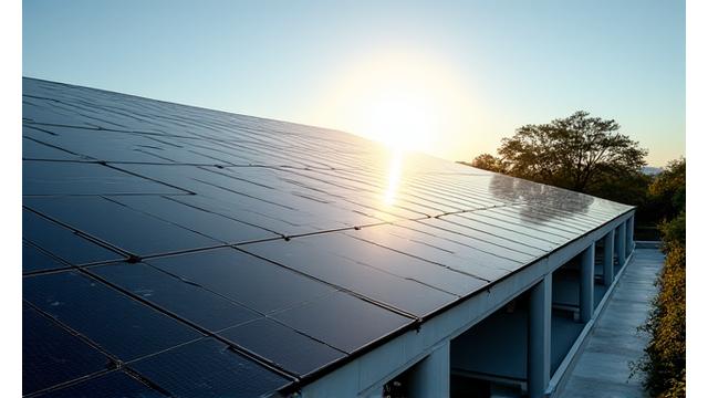Installation de panneaux solaires photovoltaïques sur un toit d'entreprise.