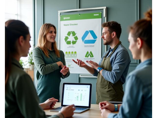 Des employés engagés qui suivent une formation sur les nouvelles procédures de tri et de recyclage des déchets. Des kits de signalétique moderne et des outils numériques de suivi sont visibles.