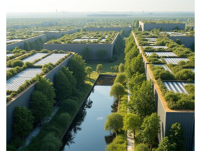 Vue aérienne d'une zone d'activité économique moderne avec des bâtiments verts, des toits végétalisés et des espaces verts intégrés.