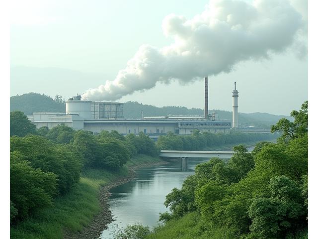 Usine de production moderne avec des cheminées émettant de la vapeur blanche, entourée d'espaces verts et de panneaux solaires, symbolisant une industrie durable.