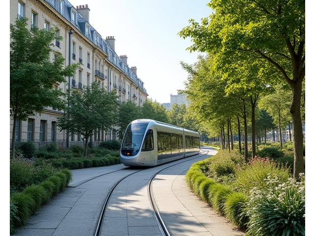 Maquette d'une nouvelle ligne de tramway s'intégrant dans un paysage urbain végétalisé avec des panneaux solaires.