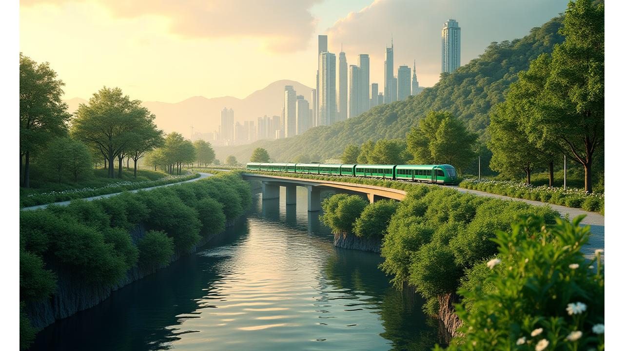 Infrastructure moderne s'intégrant harmonieusement dans un paysage naturel verdoyant, symbolisant une construction respectueuse de l'environnement.