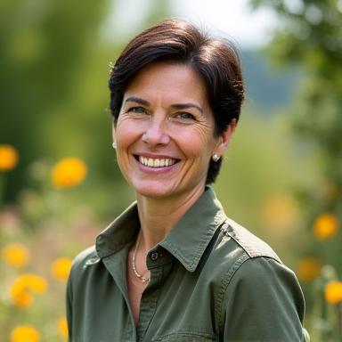 Portrait d'un écologue souriant et confiant, en extérieur, avec de la verdure en arrière-plan, symbolisant l'expertise en biodiversité.