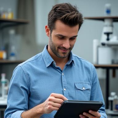 Portrait d'un hydrogéologue concentré analysant des cartes et des données sur une tablette, autour de lui des prélèvements d'eau.