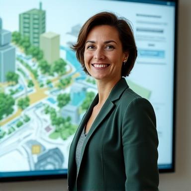 Portrait d'une urbaniste souriante présentant un plan directeur de ville durable, avec des bâtiments à faible impact environnemental.