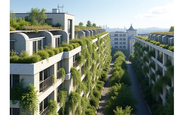 Vue aérienne d'un ensemble de logements Paris Habitat avec toits végétalisés et panneaux solaires, après rénovation écologique.