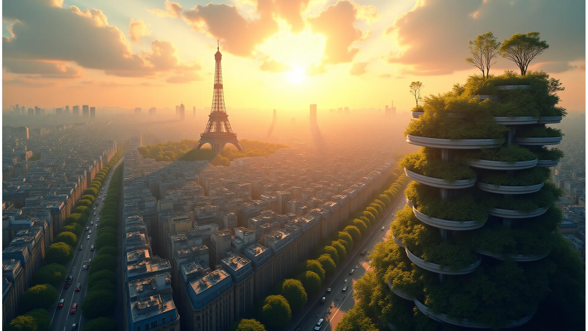 Vue panoramique de Paris avec des éléments suggérant la durabilité et l'écologie, une ville moderne s'intégrant harmonieusement avec la nature, au lever ou coucher du soleil.