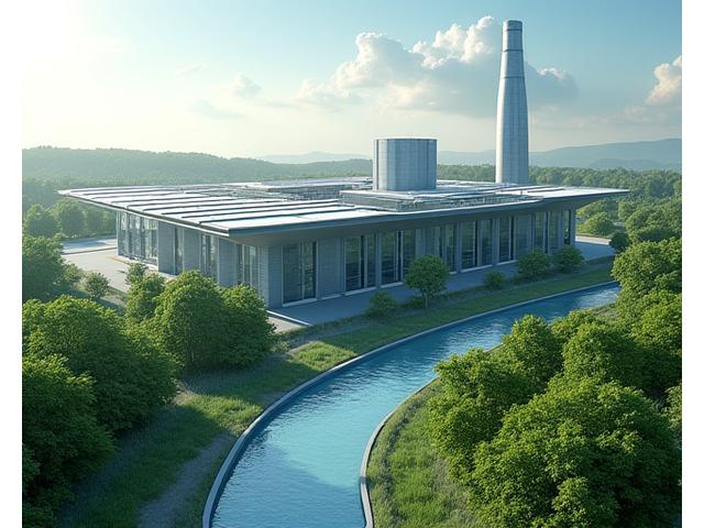 Illustration d'une usine moderne et propre avec des panneaux solaires et un système de filtration d'eau, symbolisant l'industrie durable.