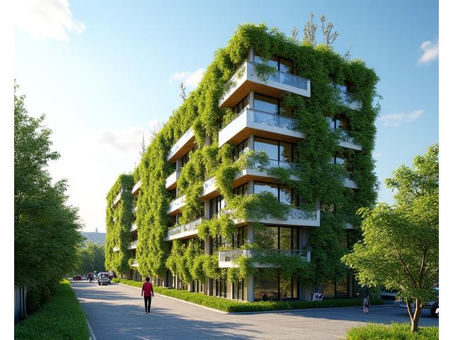 Photo d'un immeuble moderne avec une façade végétale et des toits verts, visiblement éco-conçu.