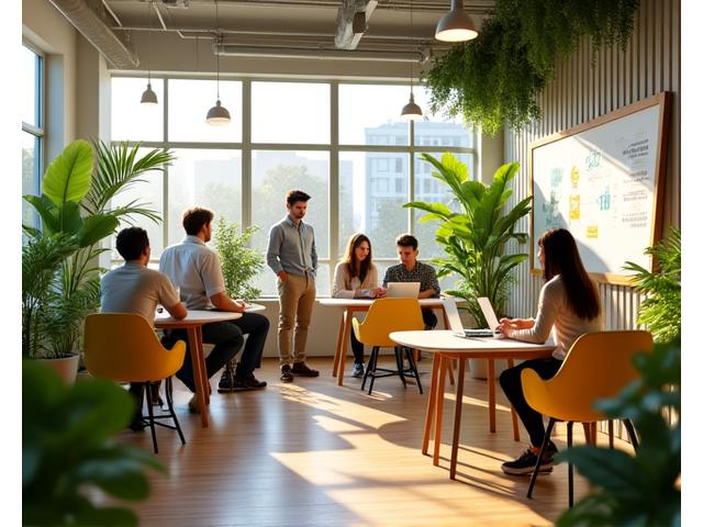 Une équipe de jeunes innovateurs travaillant sur des ordinateurs dans un bureau moderne et lumineux, avec des plantes suspendues et un tableau blanc rempli d'idées écologiques.