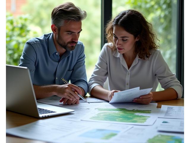 Équipe d'experts environnementaux analysant des documents réglementaires et des cartes de sites avec des symboles de compensation