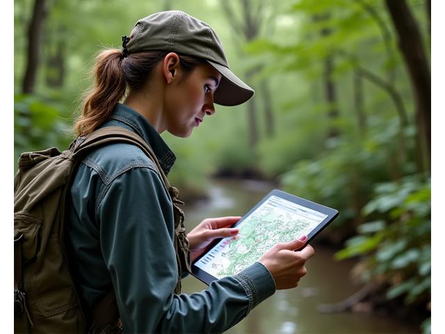 Écologue étudiant la flore sur une carte SIG détaillée d'une zone naturelle