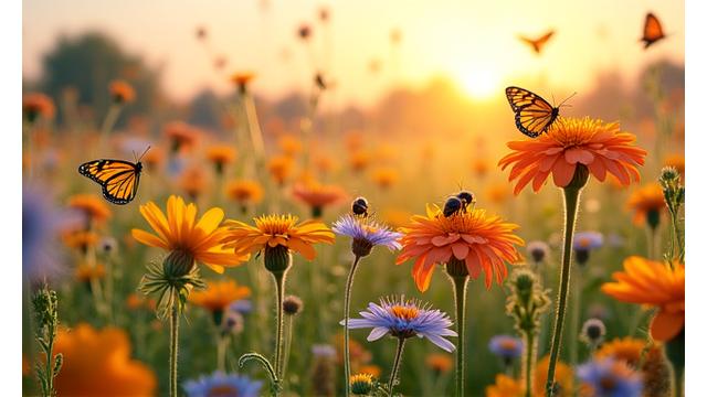 Prairie fleurie et colorée pleine d'insectes butineurs, illustrant la restauration des prairies