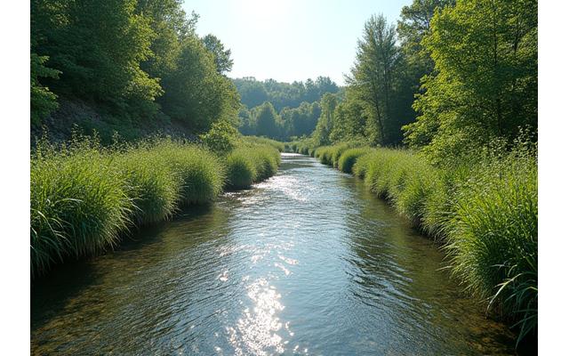Bras de rivière renaturé avec berges végétalisées et eau claire