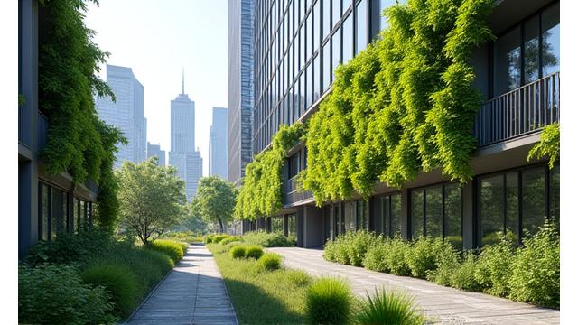 Toitures végétalisées et murs verts en milieu urbain, symbolisant la renaturation urbaine