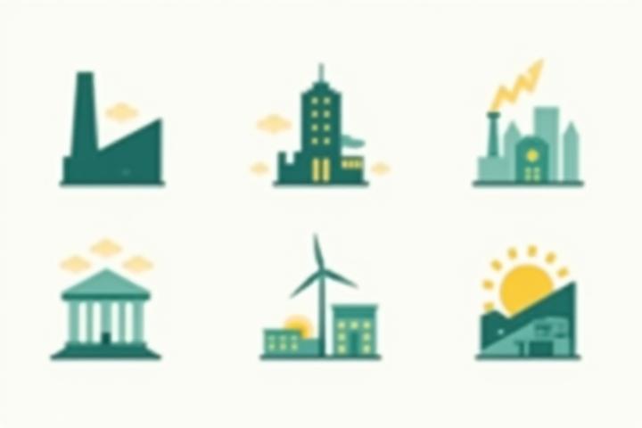 Diverses icônes représentant différents secteurs d'activité (usine, bureau, ville, éolienne, banque), connectées par des lignes, symbolisant l'approche sectorielle et personnalisée des stratégies de développement durable.
